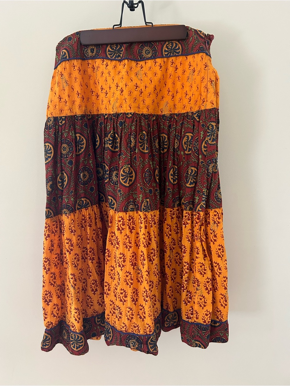 Boho Tiered Midi Skirt in Mustard & Burgundy